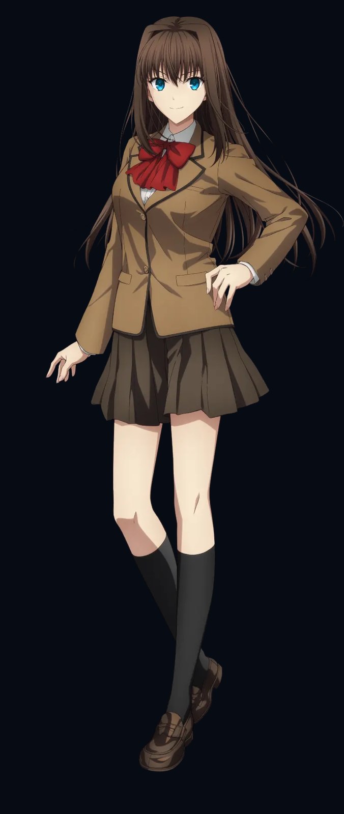 蒼崎青子的剧场版立绘：深棕色长发、蓝色眼眸，穿着棕褐色制服外套与红色领结，侧身站立，右手扶腰，身后是深夜的蓝黑背景